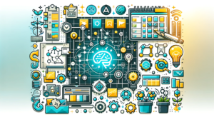 AI and Agile Storytelling Integration: This illustration showcases a product manager utilizing AI tools for crafting Agile user stories. It represents a seamless blend of Agile methodologies, like user story cards, with modern AI interfaces, emphasizing the innovative integration of technology in story development.